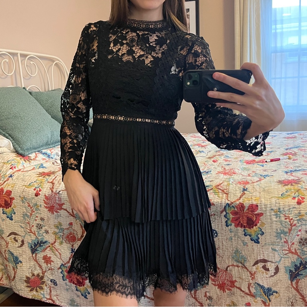 Zara Black Lace Long-Sleeve Pleated Tiered Mini Dress
